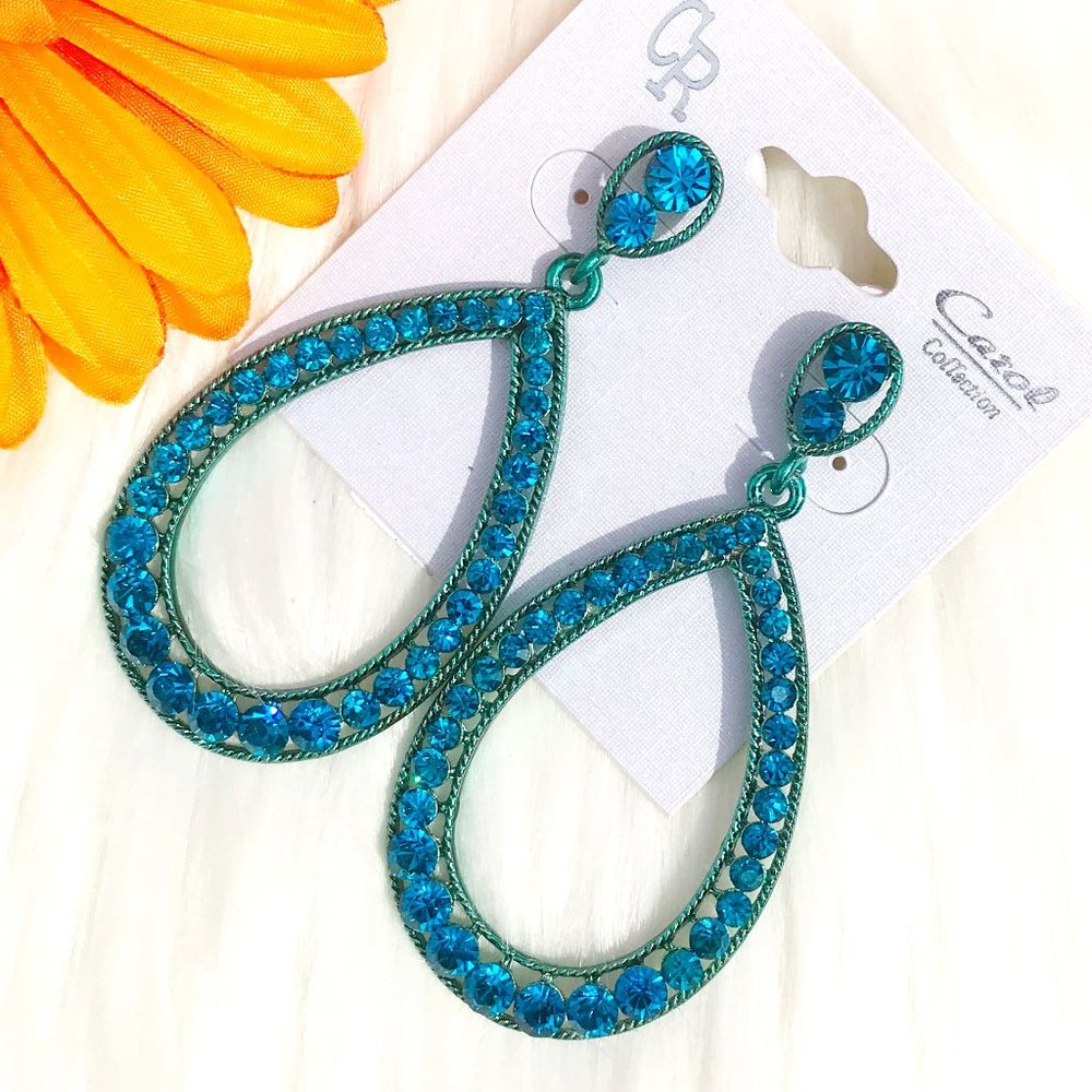 Rhinestone Jeweled Long Teardrop Dangle Earrings Turquoise Dressy Post Drops NWT